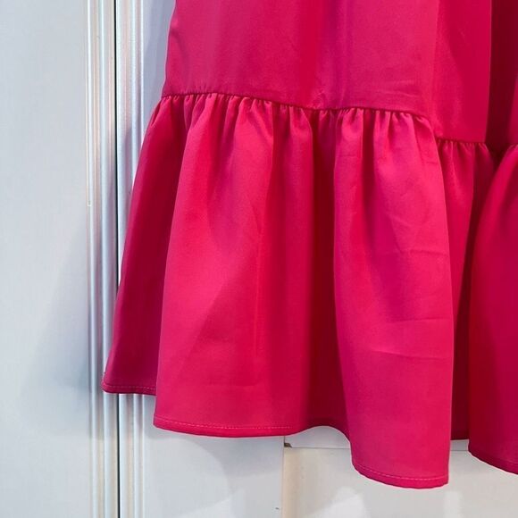 Eliza J Women 10 Hot Pink Surplice Neck Puff Sleeve Fit Flare Mini Dress Pockets - Picture 5 of 13